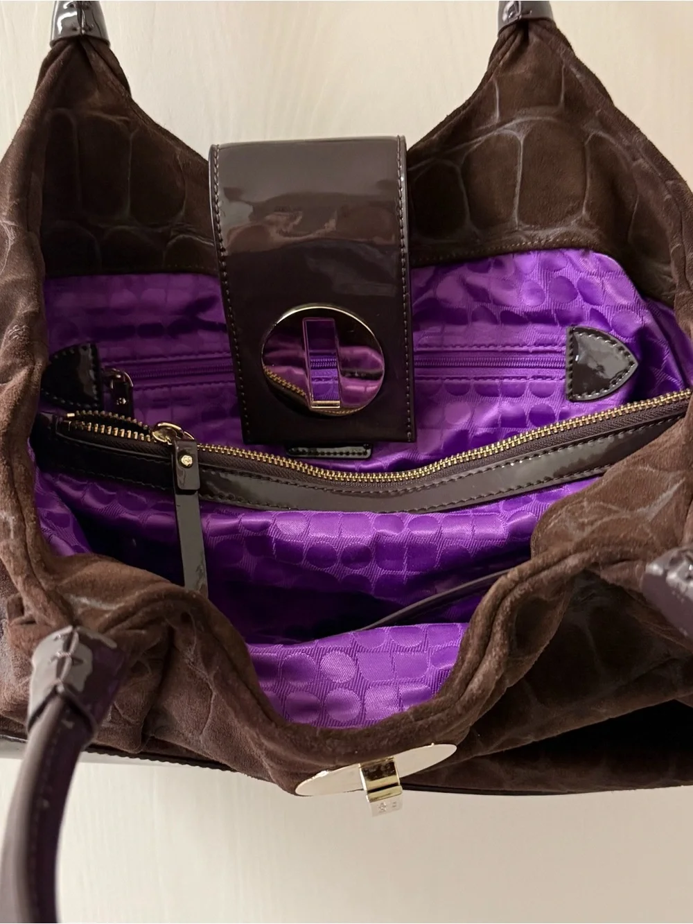 kate spade Brown Croc-Embossed Suede Satchel with Patent Trim